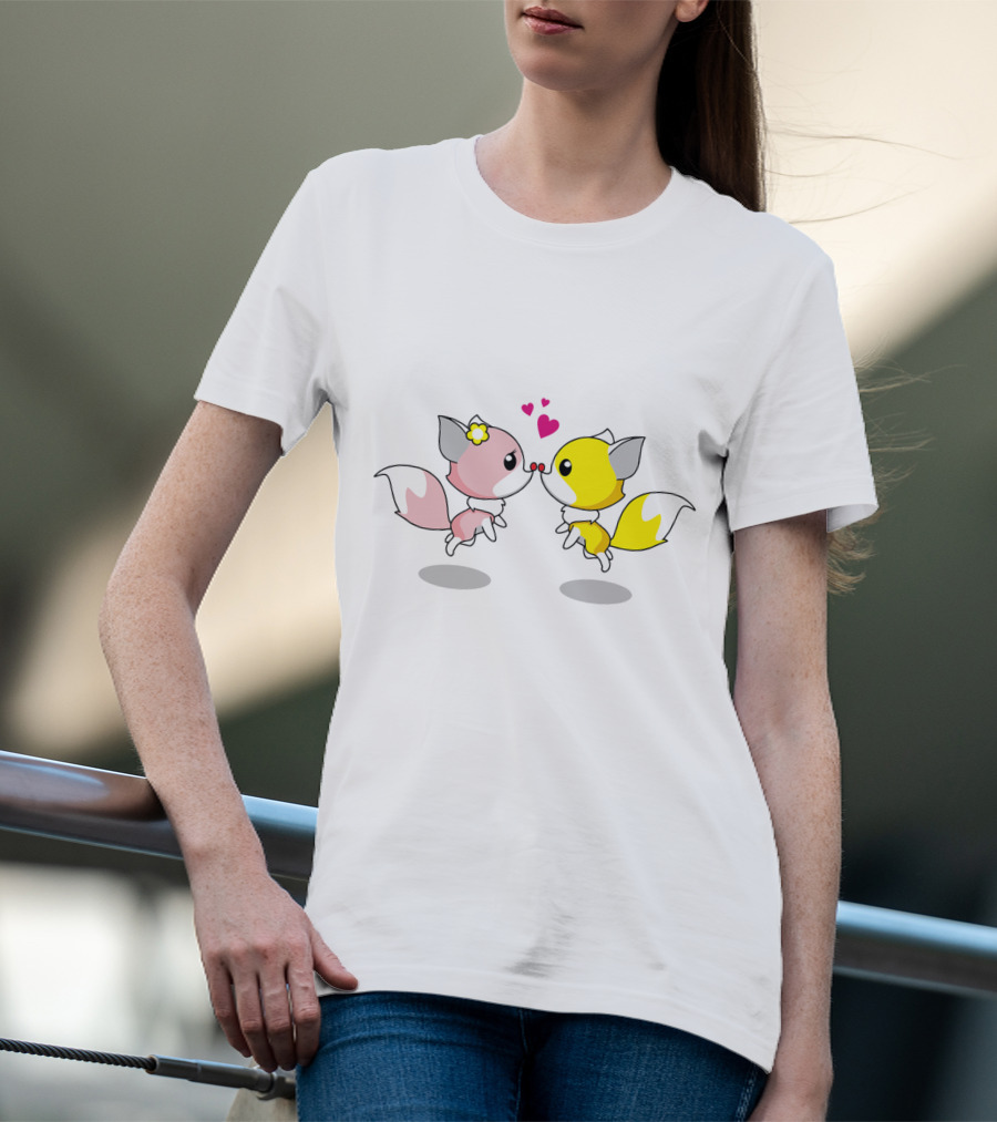 Cute Foxes In Love Kissing Hearts Blossom Yellow Pink Foxes T-Shirt