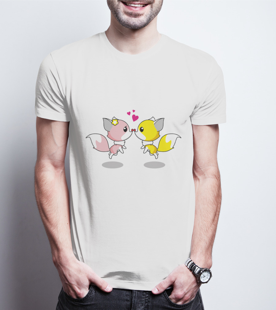 Cute Foxes In Love Kissing Hearts Blossom Yellow Pink Foxes T-Shirt
