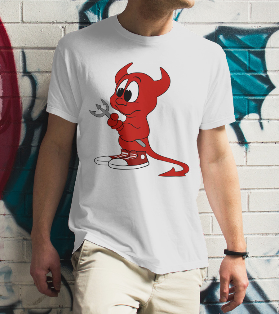 Devil In Sneakers Holding Pitch Fork Cartoon T-Shirt