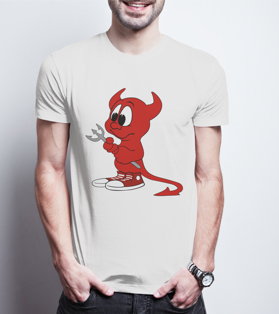 Devil In Sneakers Holding Pitch Fork Cartoon T-Shirt