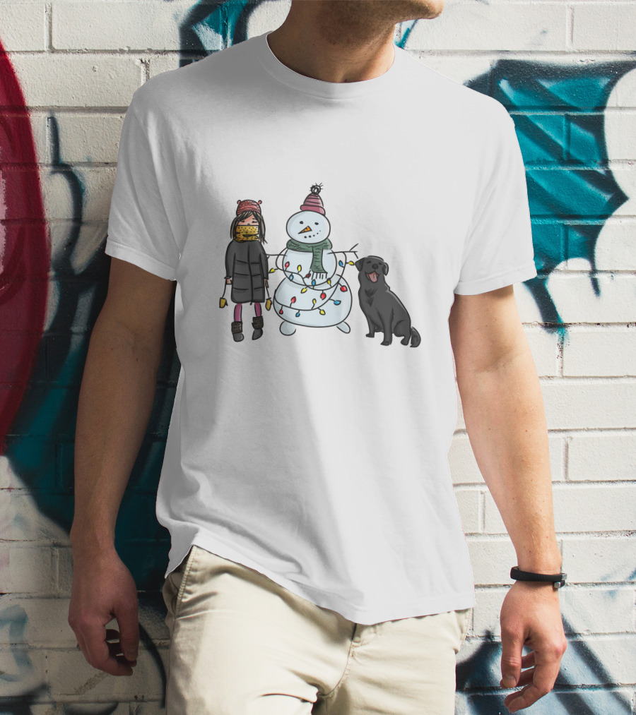 Girl With Yellow Scarf, Dog, And Snowman With Christmas Lights T-Shirt