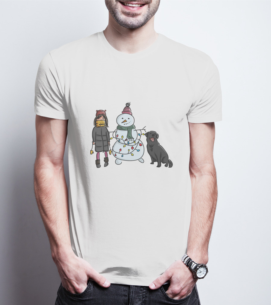 Girl With Yellow Scarf, Dog, And Snowman With Christmas Lights T-Shirt