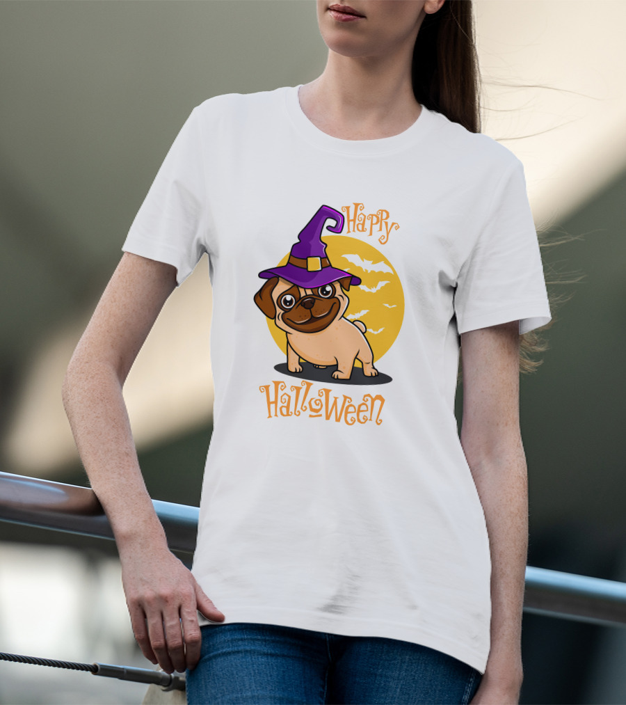 Happy Halloween Dog Witch Hat Full Moon Bats T-Shirt