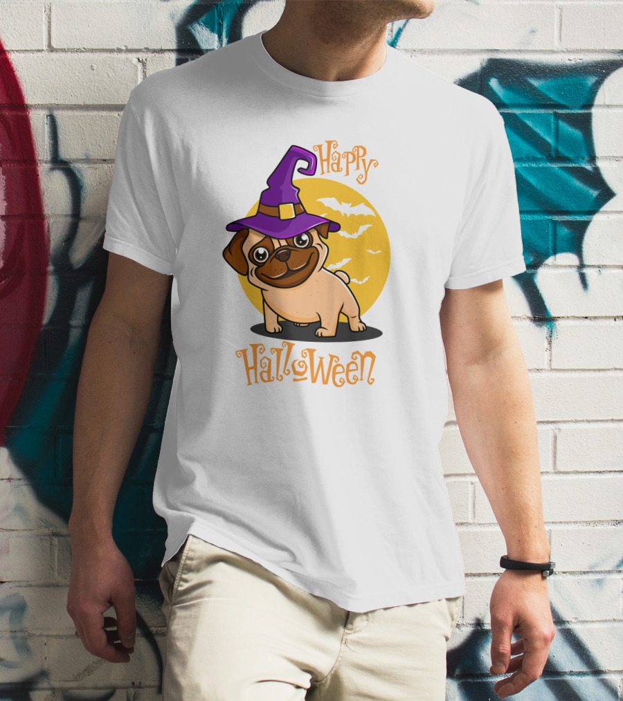 Happy Halloween Dog Witch Hat Full Moon Bats T-Shirt