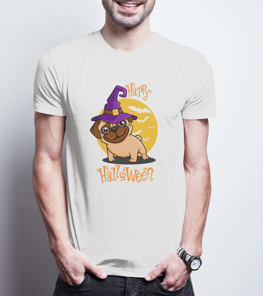 Happy Halloween Dog Witch Hat Full Moon Bats T-Shirt