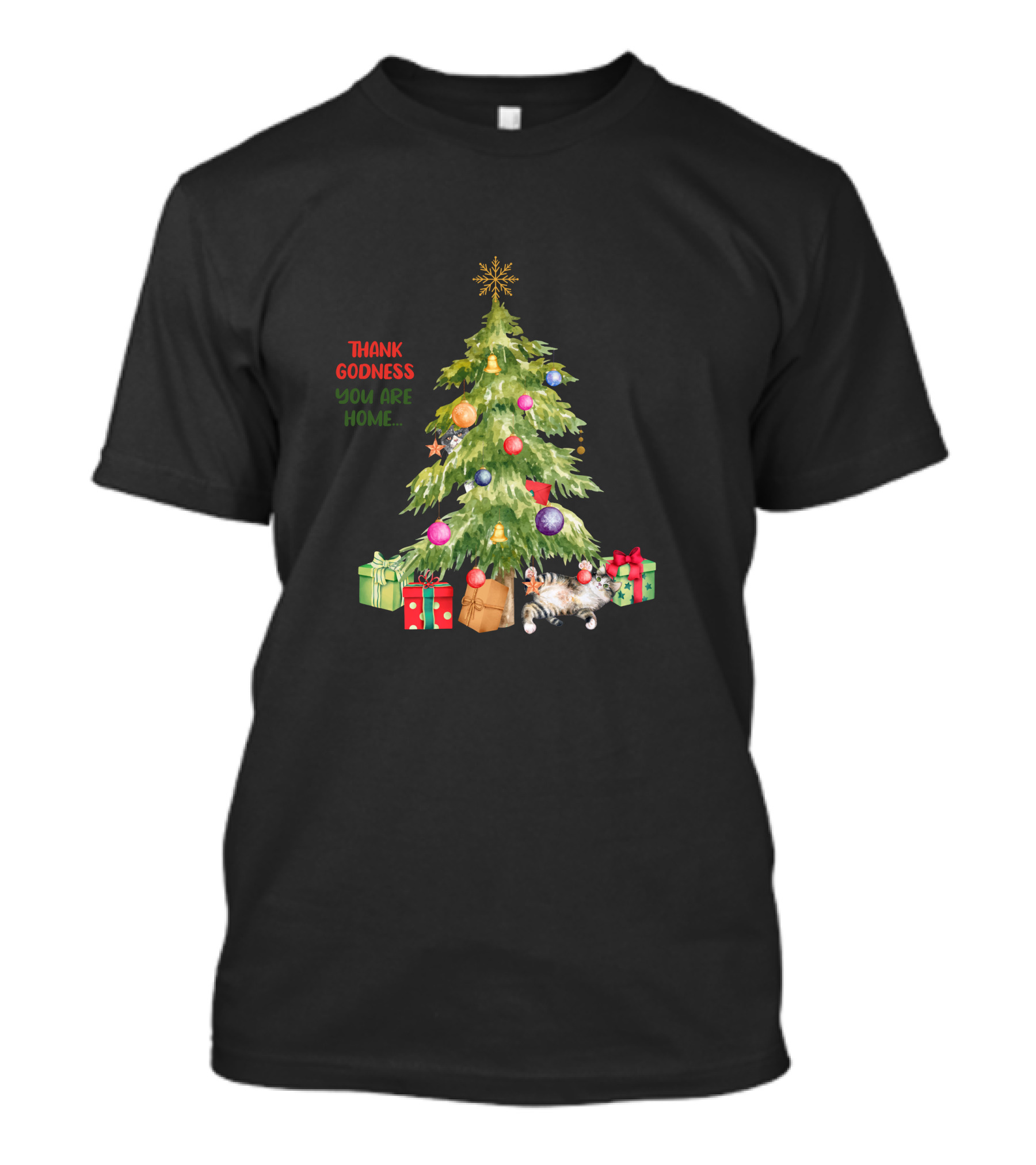 Christmas Tree Thank Godness You Are Home With Gifts And Cat T-Shirt