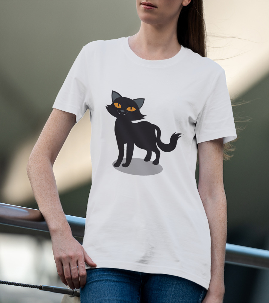 Cartoon Black Cat Illustration With Orange Eyes And Shadow T-Shirt