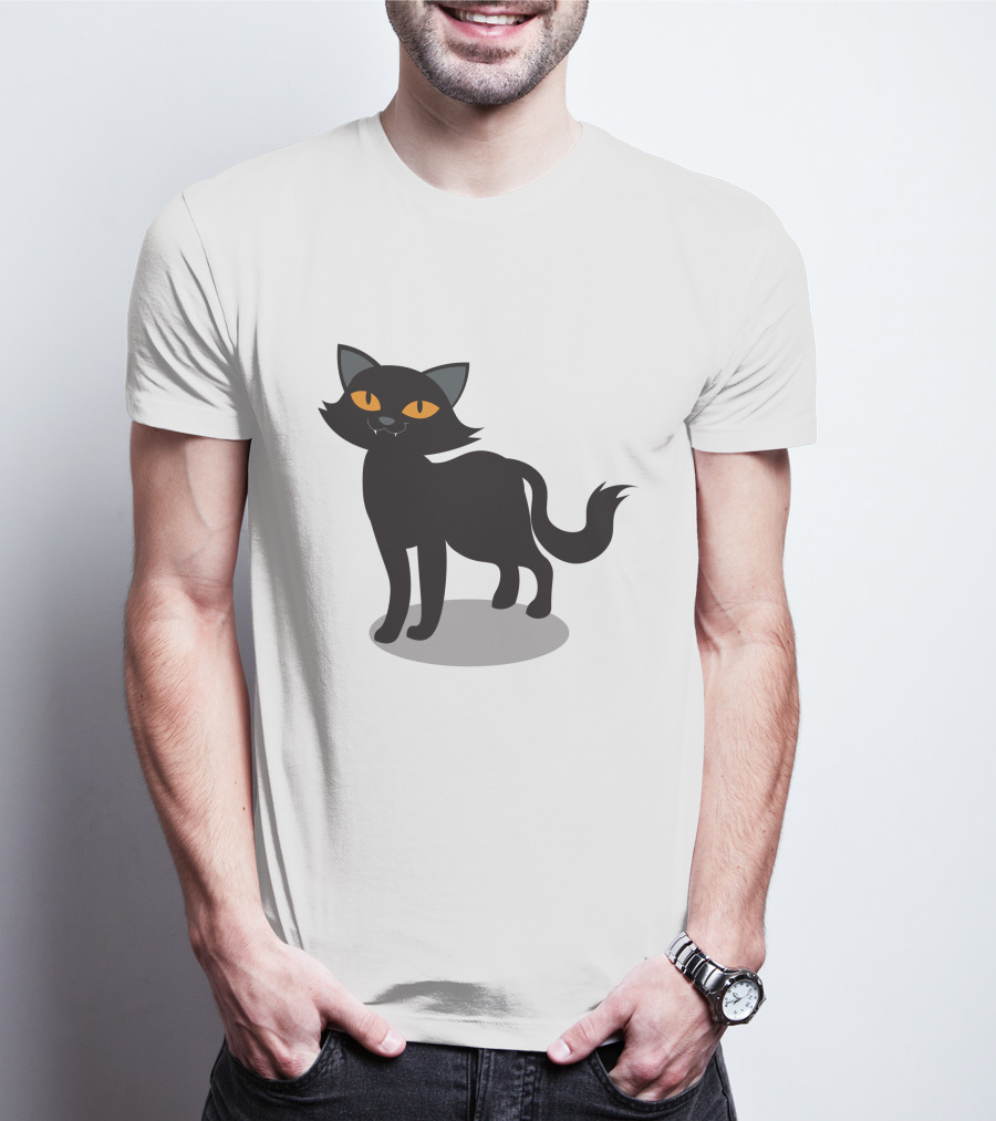 Cartoon Black Cat Illustration With Orange Eyes And Shadow T-Shirt
