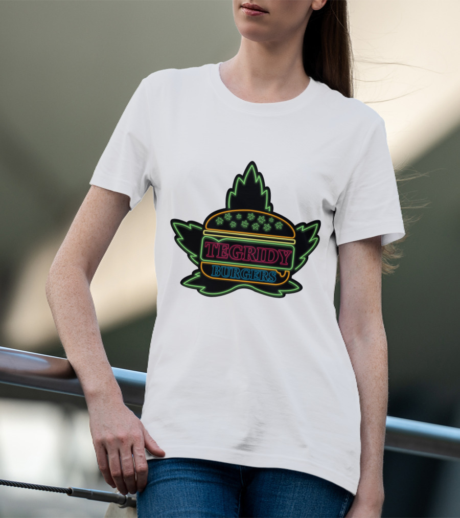 Tegridy Burgers Neon Sign With Leaf And Burger Outline T-Shirt
