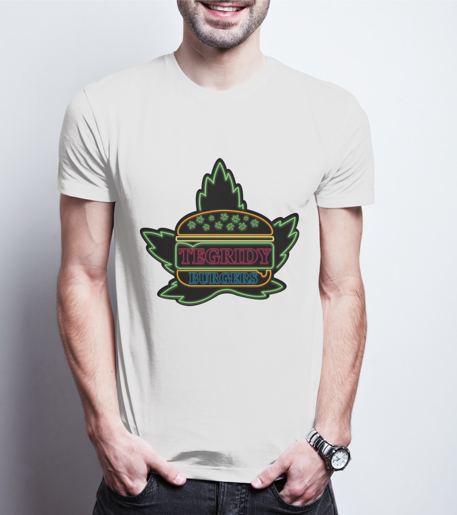 Tegridy Burgers Neon Sign With Leaf And Burger Outline T-Shirt