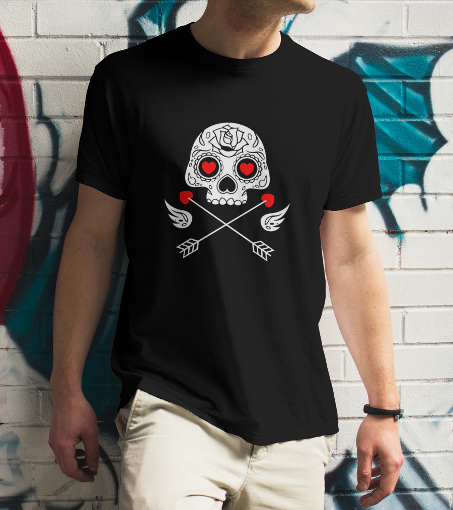 Cupido Valentines Day Sugar Skull With Hearts And Arrows T-Shirt