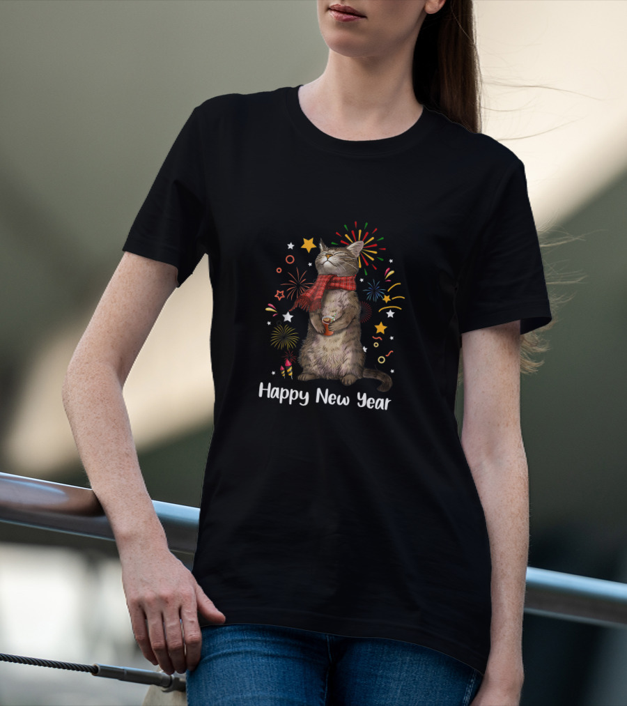 Happy New Year Cat With Fireworks And Stars T-Shirt