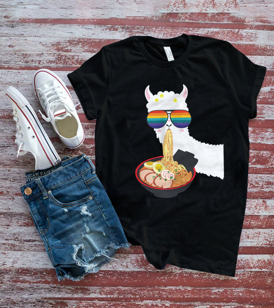 Rainbow Sunglasses LLama Eating Ramen Japanese Anime T-Shirt
