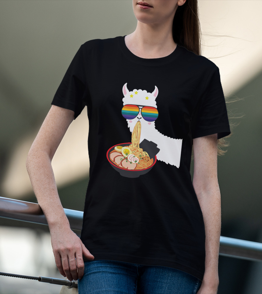 Rainbow Sunglasses LLama Eating Ramen Japanese Anime T-Shirt