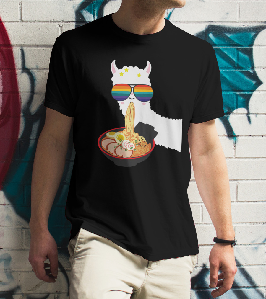 Rainbow Sunglasses LLama Eating Ramen Japanese Anime T-Shirt