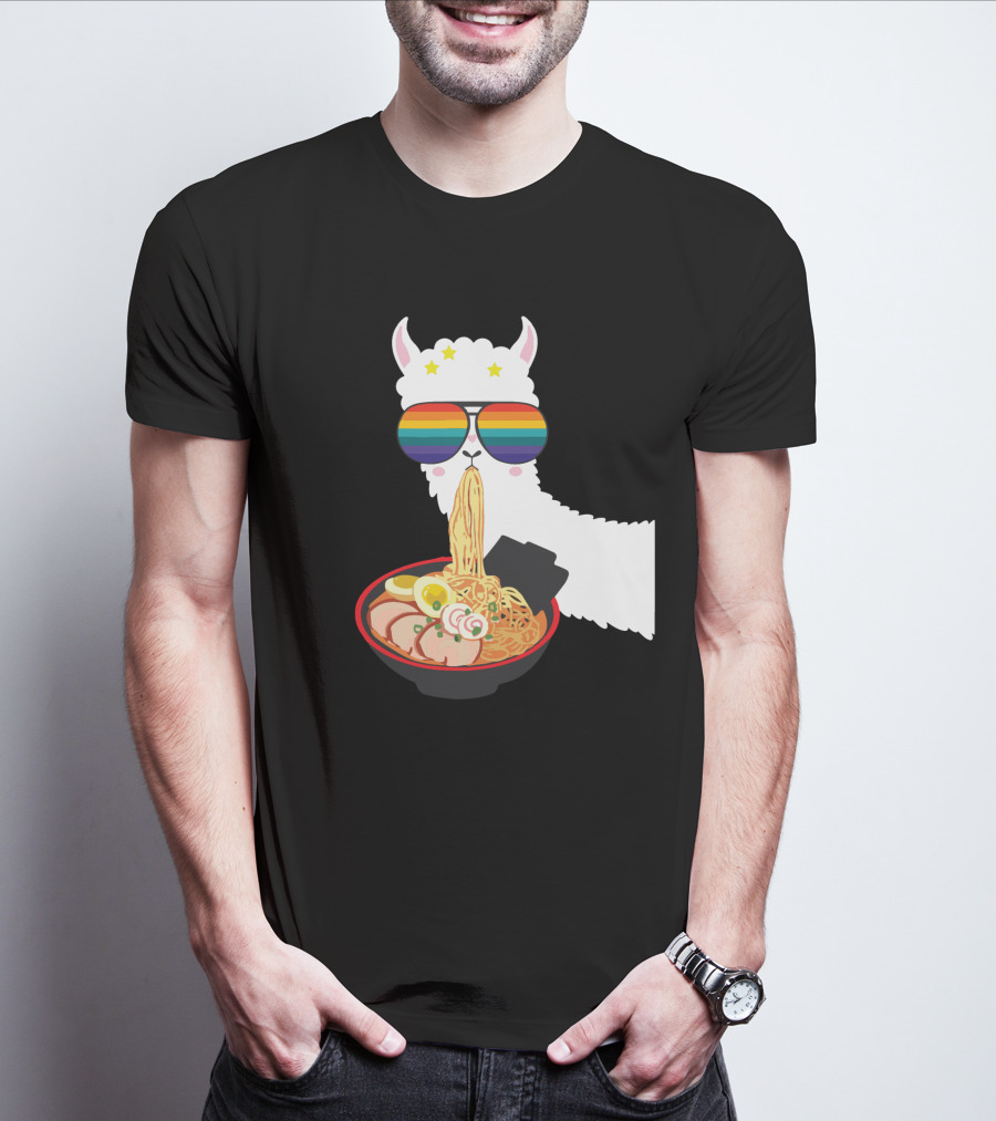 Rainbow Sunglasses LLama Eating Ramen Japanese Anime T-Shirt