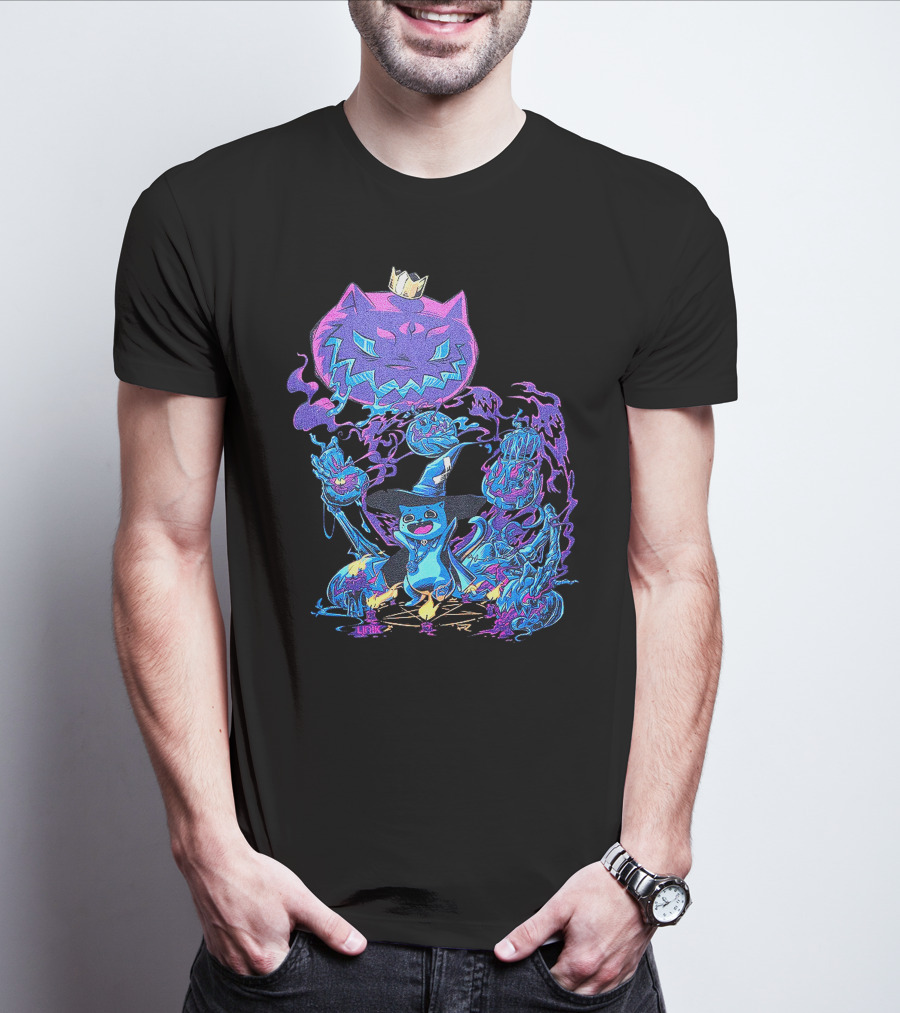LIRIK HALLOWEEN Cat Wizard With Crown And Glowing Pumpkins T-Shirt