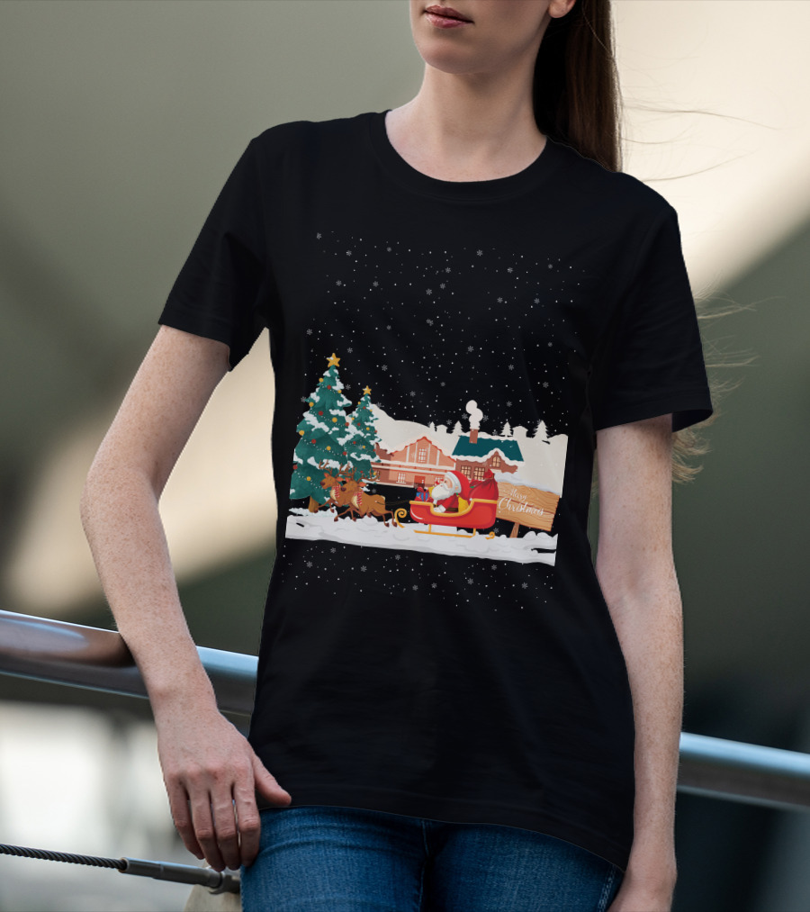 Merry Christmas Santa Claus Reindeer Sleigh Winter Scene T-Shirt