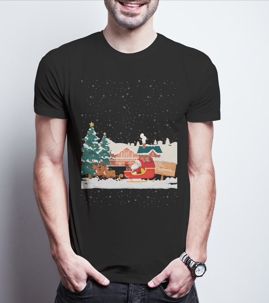 Merry Christmas Santa Claus Reindeer Sleigh Winter Scene T-Shirt