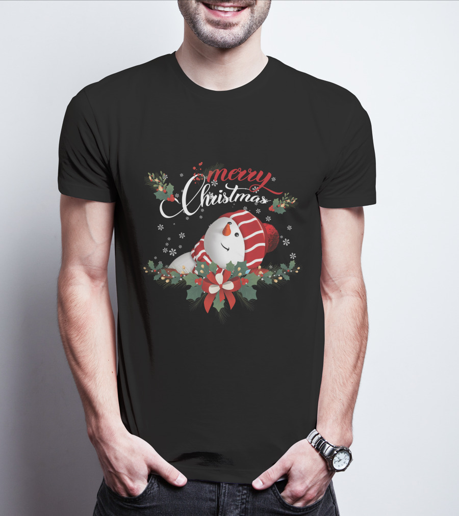 Merry Christmas Snowman With Holly And Snowflakes T-Shirt