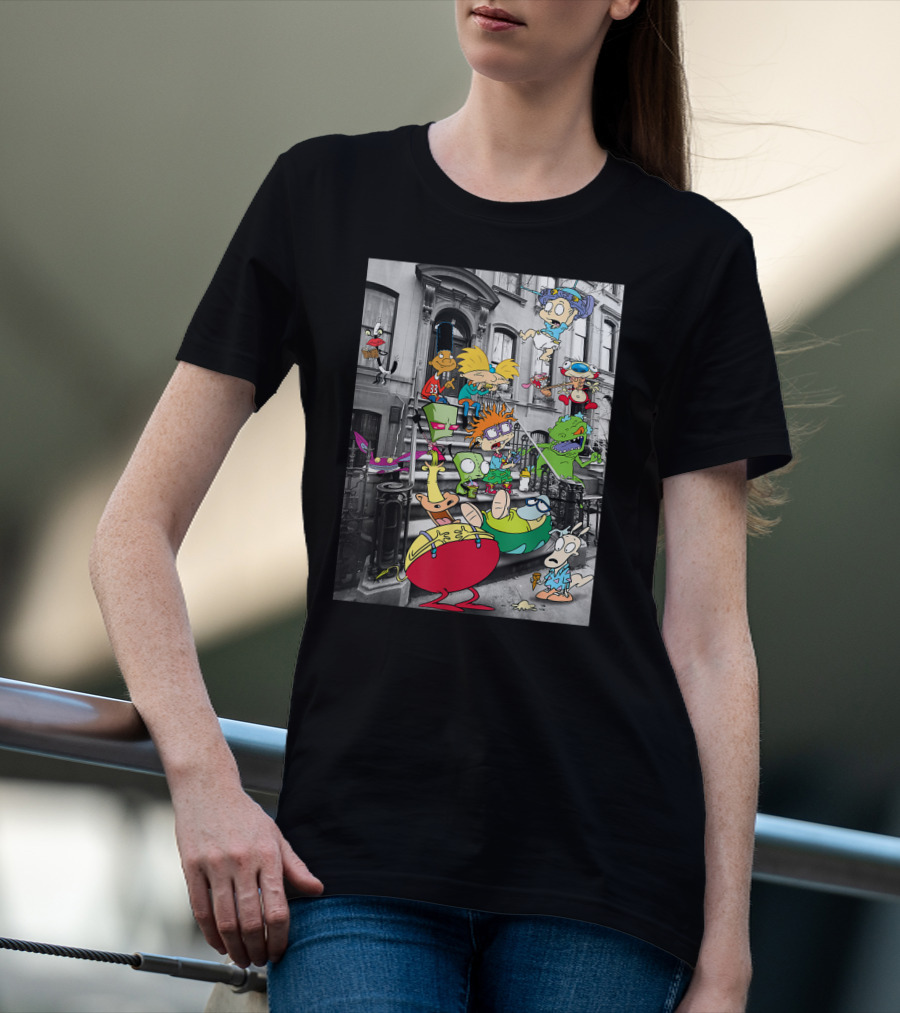 Classic Nicktoons Characters Sitting On Stoop Together In Black-and-White Background Scene T-Shirt