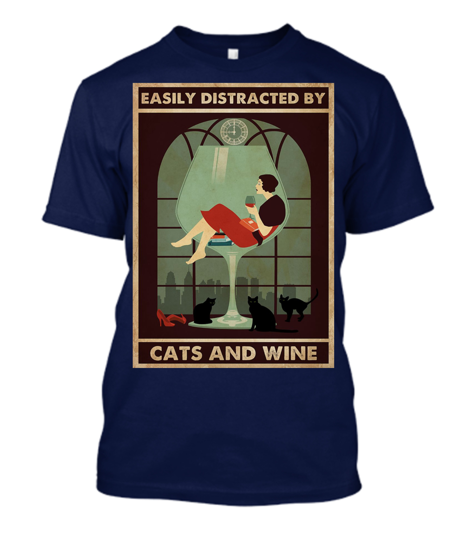 Easily Distracted By Cats And Wine Art Deco Woman In Glass With City Skyline And Cats T-Shirt