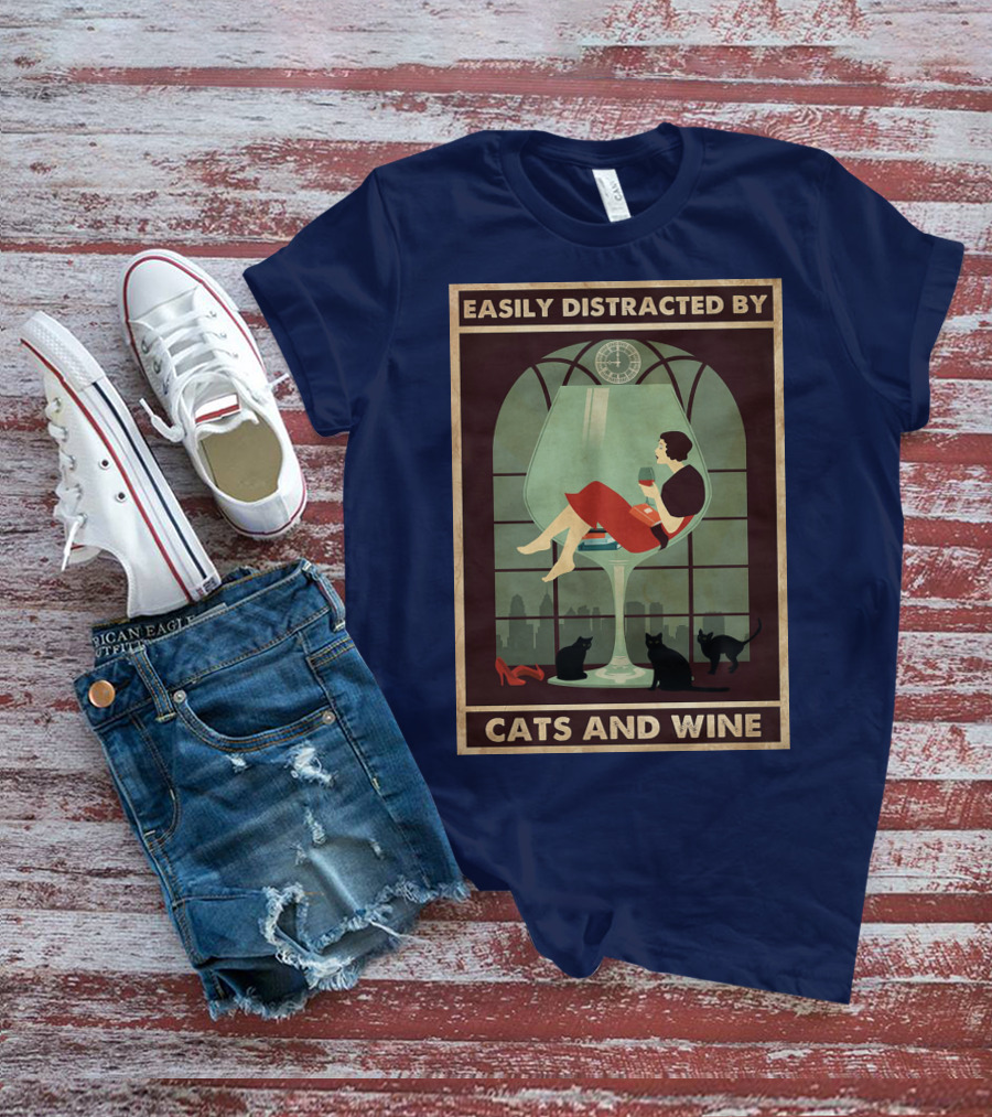 Easily Distracted By Cats And Wine Art Deco Woman In Glass With City Skyline And Cats T-Shirt