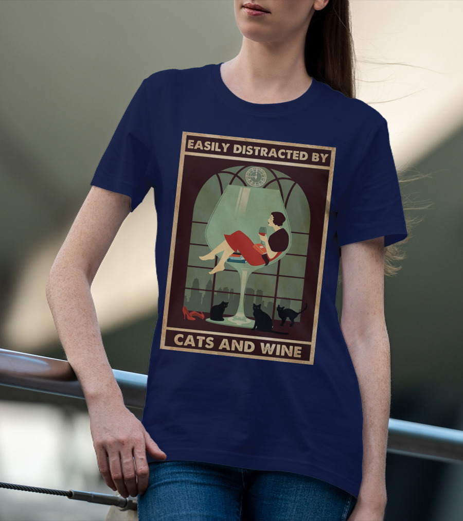 Easily Distracted By Cats And Wine Art Deco Woman In Glass With City Skyline And Cats T-Shirt