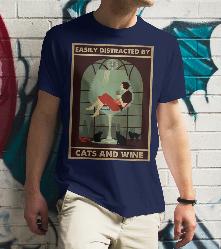 Easily Distracted By Cats And Wine Art Deco Woman In Glass With City Skyline And Cats T-Shirt