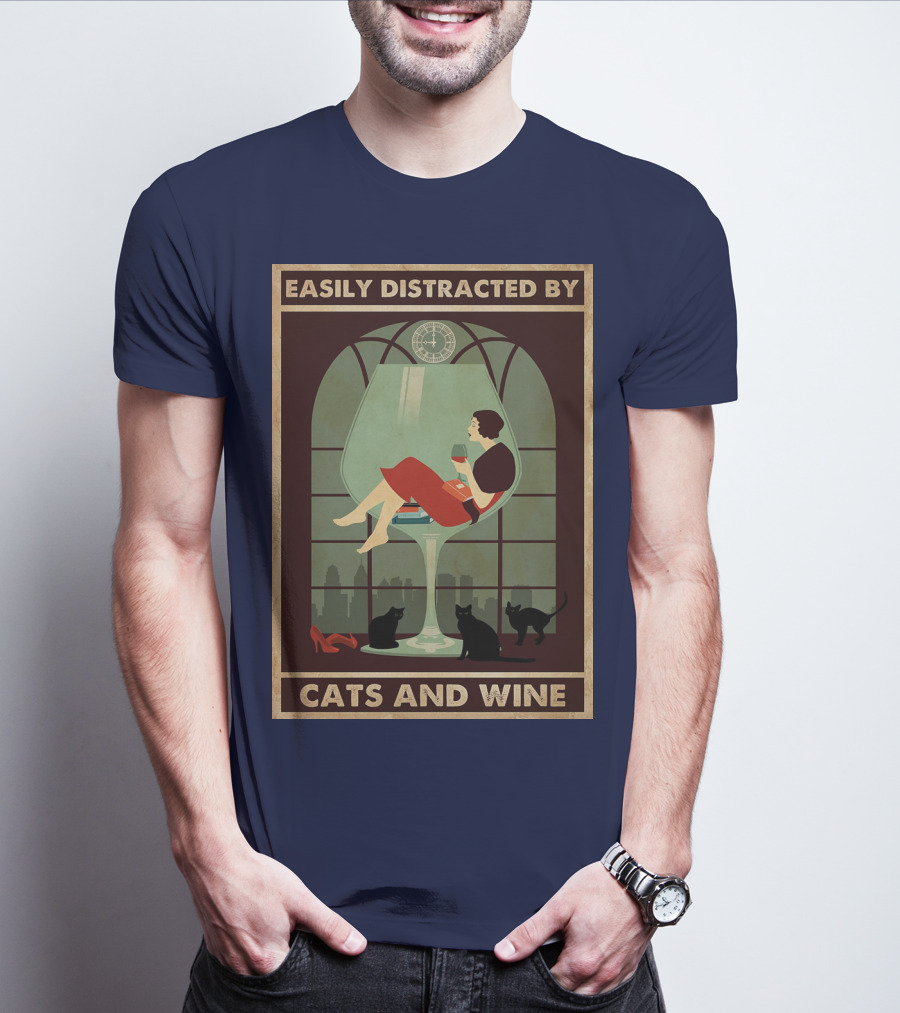 Easily Distracted By Cats And Wine Art Deco Woman In Glass With City Skyline And Cats T-Shirt