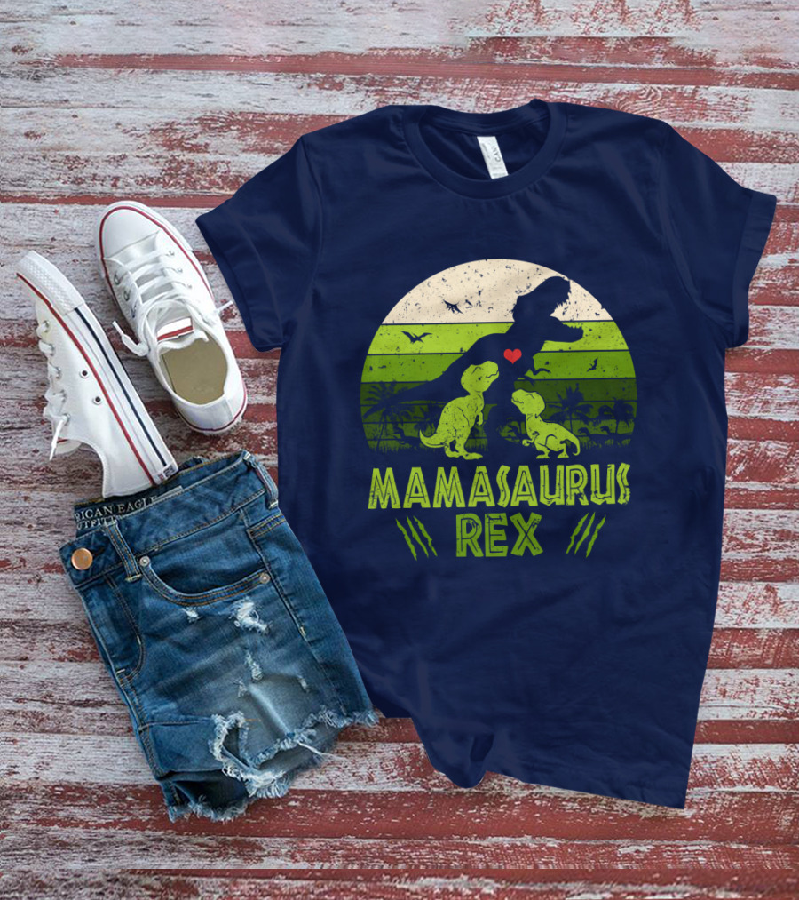 Kid Dinosaur Love For MamaSaurus Rex With Green Jungle Scene And Heart T-Shirt