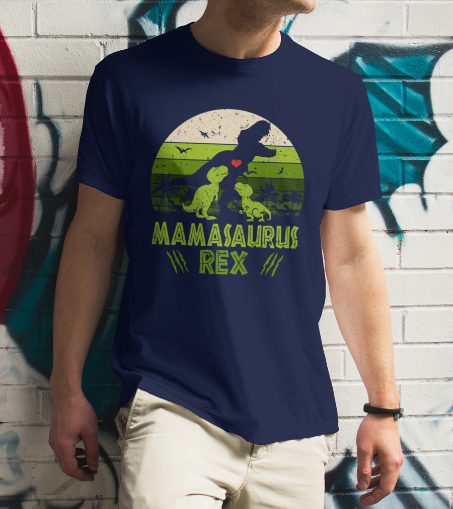 Kid Dinosaur Love For MamaSaurus Rex With Green Jungle Scene And Heart T-Shirt