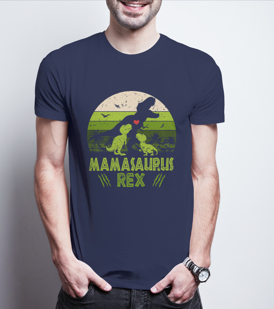 Kid Dinosaur Love For MamaSaurus Rex With Green Jungle Scene And Heart T-Shirt