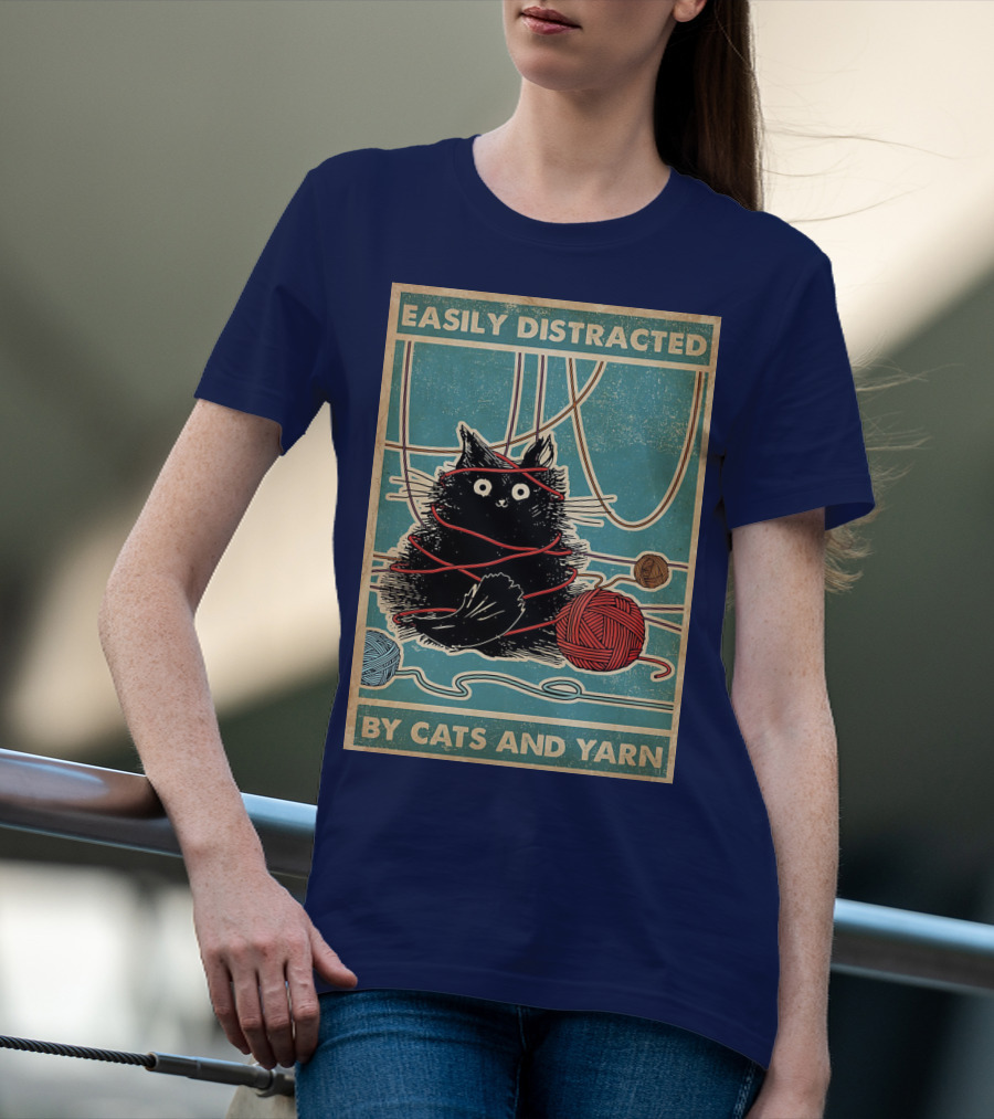 Easily Distracted Black Cat With Red Yarn And Balls Of Yarn T-Shirt