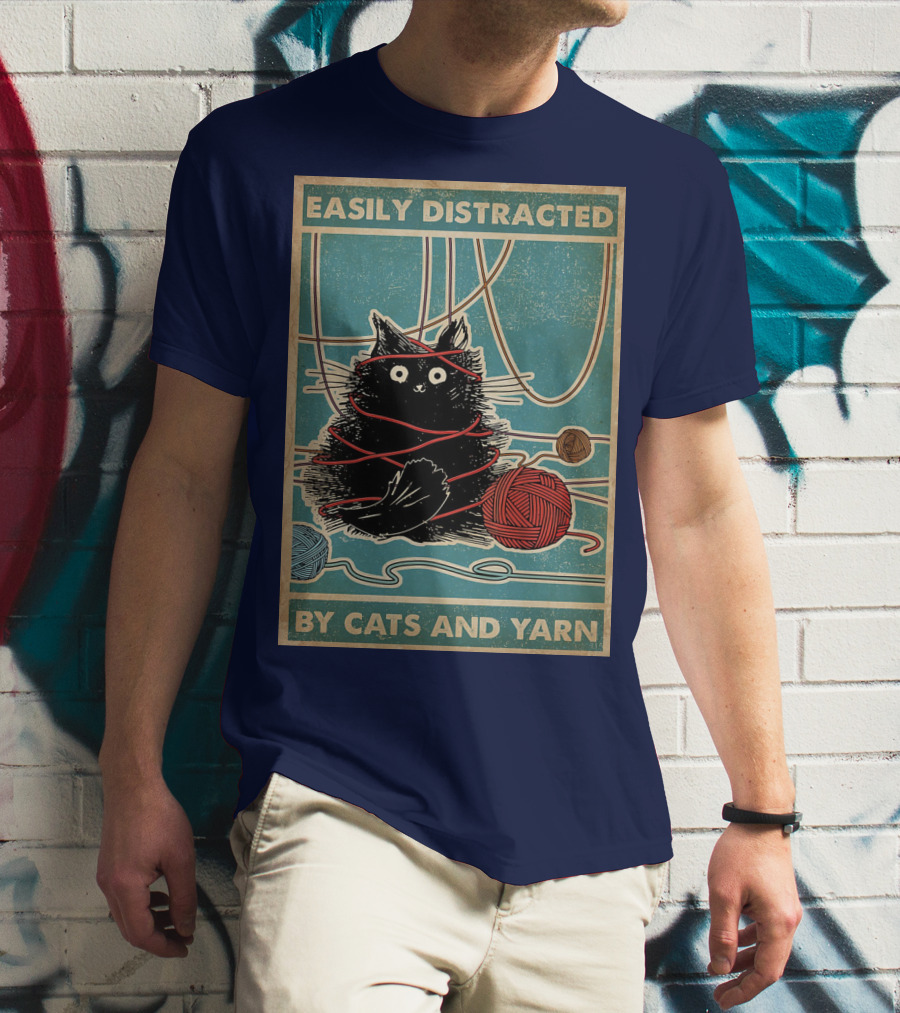 Easily Distracted Black Cat With Red Yarn And Balls Of Yarn T-Shirt