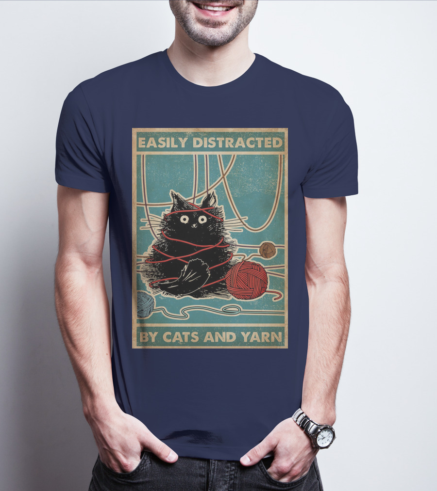 Easily Distracted Black Cat With Red Yarn And Balls Of Yarn T-Shirt