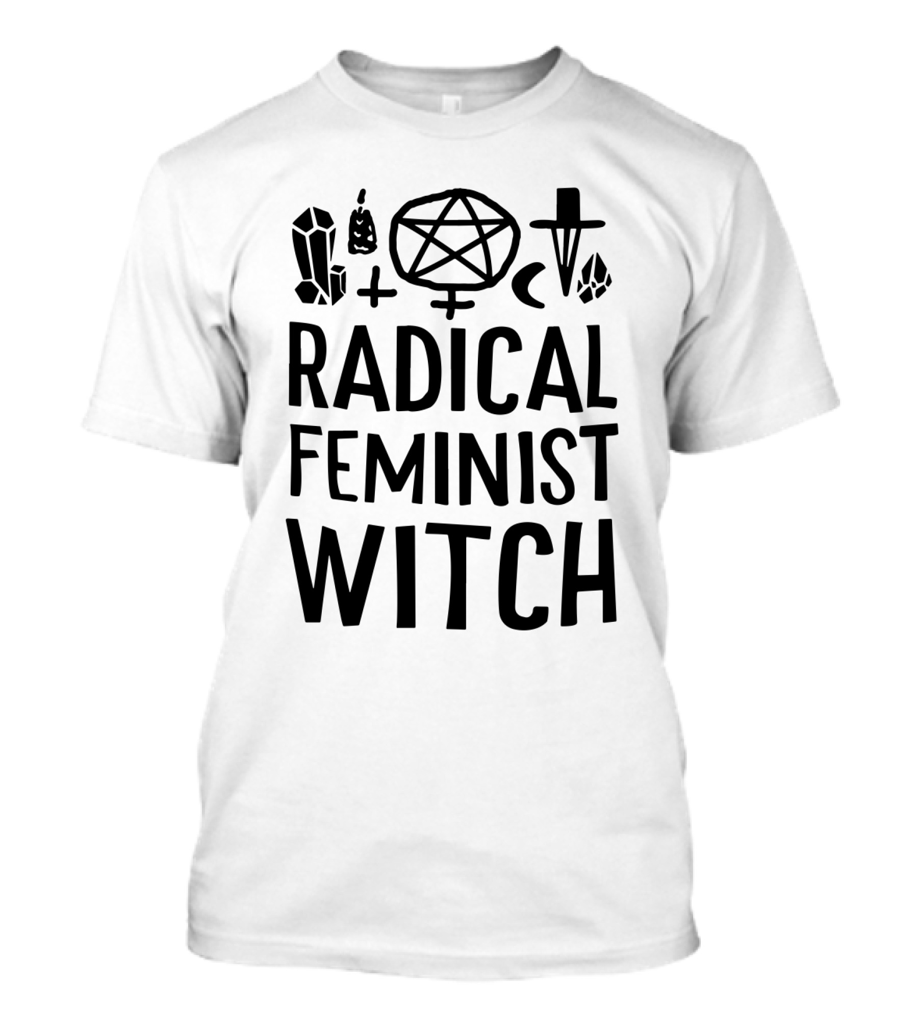 Radical Feminist Witch Magic Symbols Pentagram Crystal Moon Cross T-Shirt