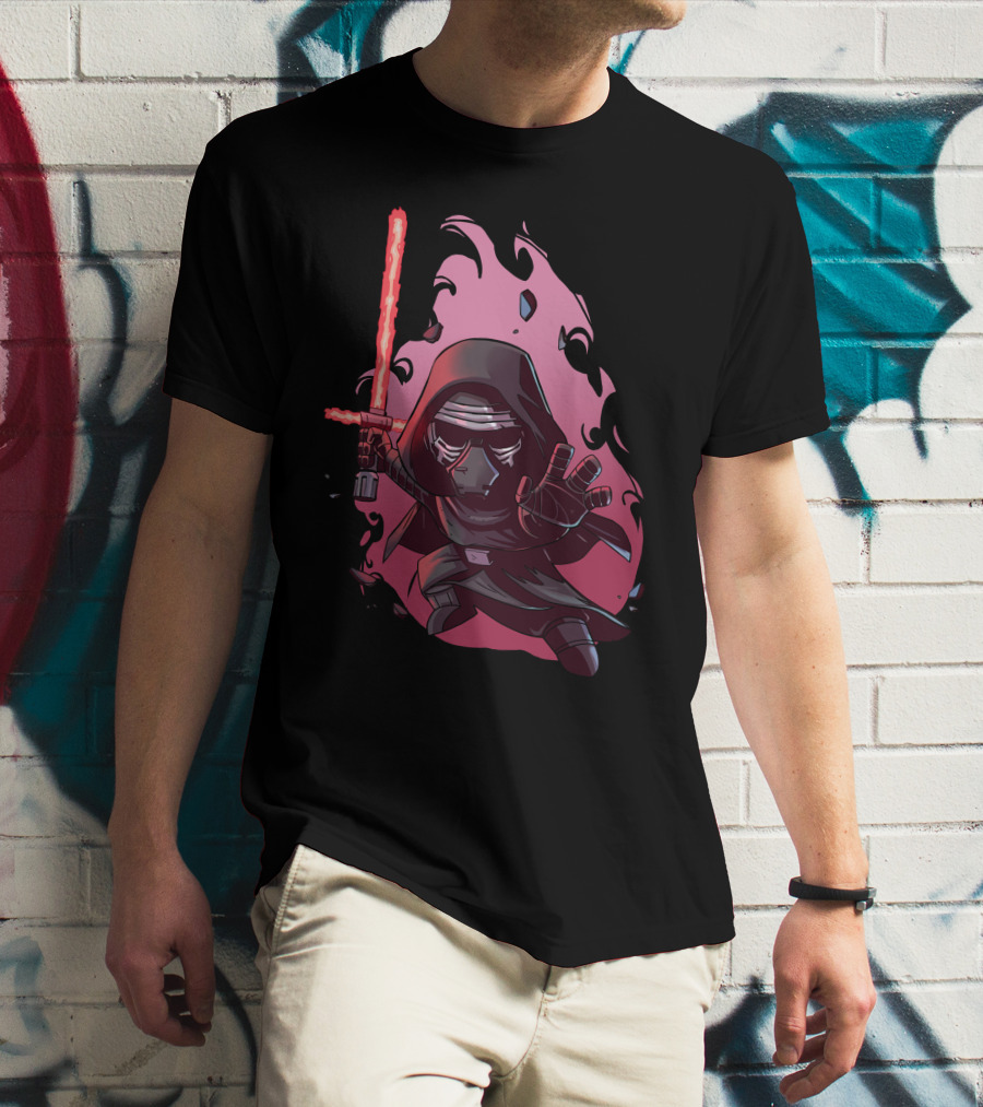 Chibi Kylo Ren Star Wars With Red Lightsaber And Fiery Background T-Shirt
