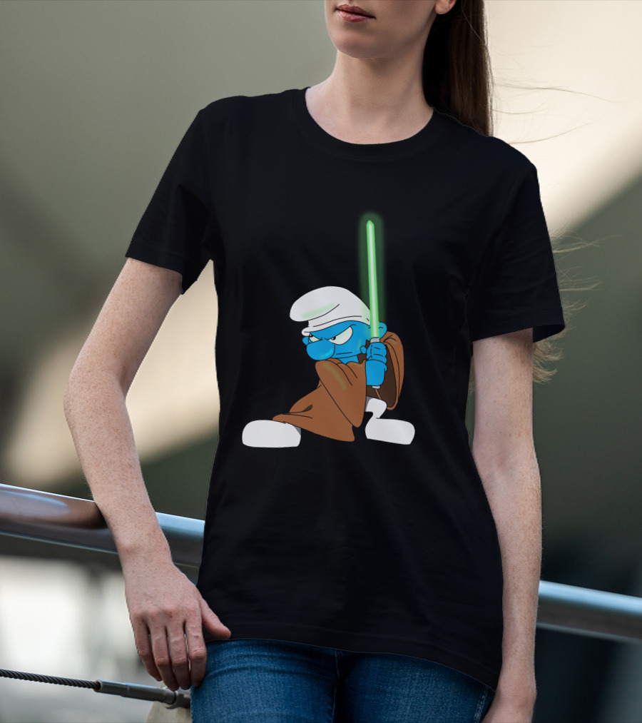 Smurf Jedi With Green Lightsaber In Star Wars-Inspired Crossover T-Shirt