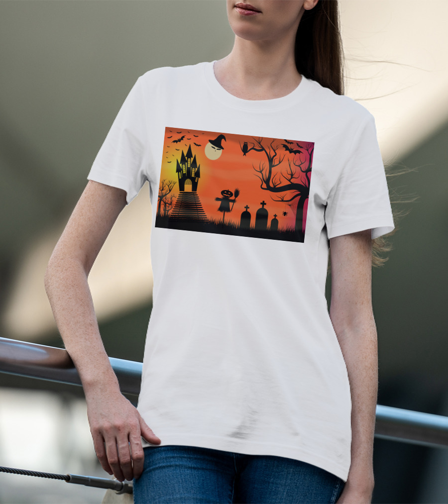 Halloween Haunted Castle Silhouette With Bats And Graveyard Scene T-Shirt