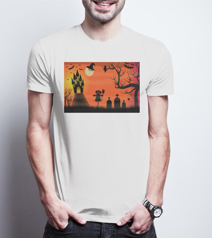 Halloween Haunted Castle Silhouette With Bats And Graveyard Scene T-Shirt