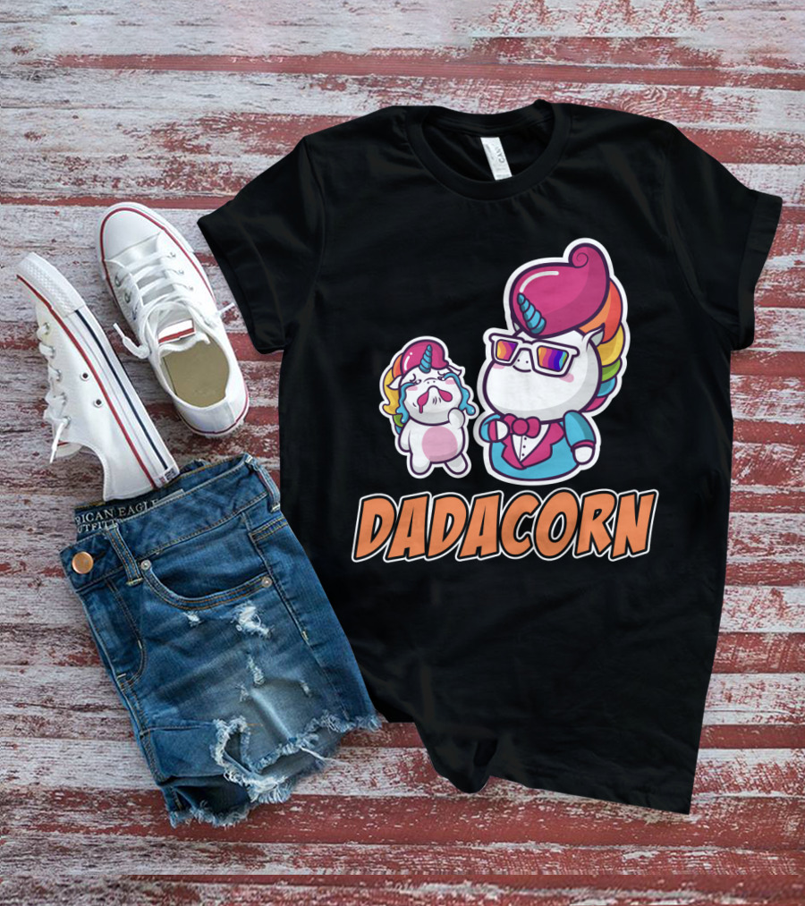 Dadacorn Unicorn Dad And Baby With Rainbow Outfits And Sunglasses T-Shirt