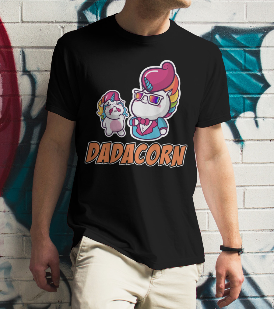 Dadacorn Unicorn Dad And Baby With Rainbow Outfits And Sunglasses T-Shirt