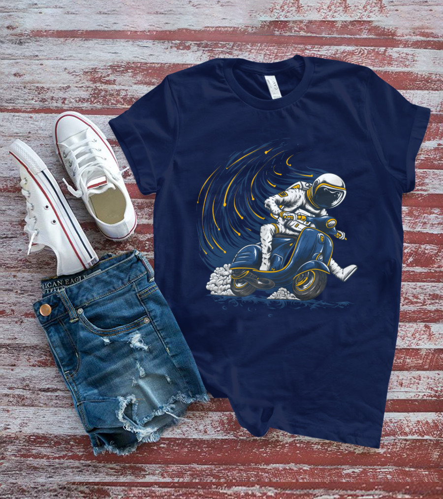 Astronaut In Spacesuit Joyfully Riding Vespa Scooter With Meteor Shower T-Shirt