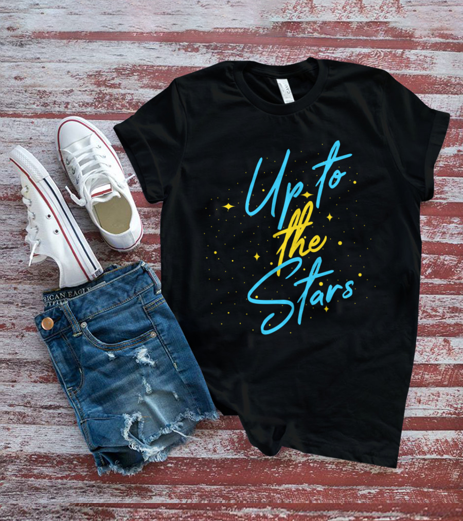 Up To The Stars With Whimsical Sparkling Yellow Dots And Blue Cursive T-Shirt