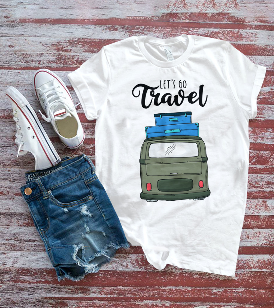 Let's Go Travel With Retro Van And Luggage Stack T-Shirt