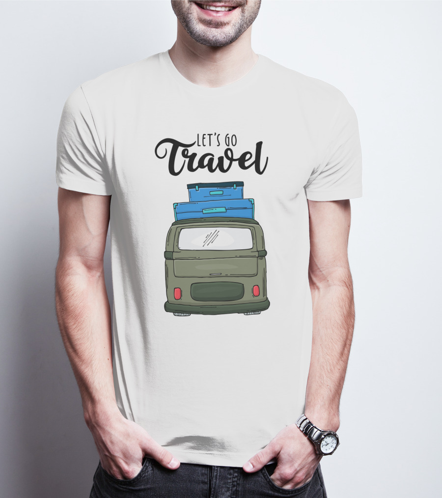 Let's Go Travel With Retro Van And Luggage Stack T-Shirt