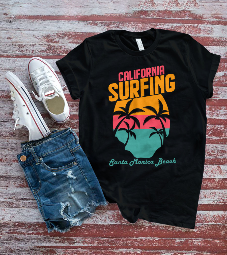 California Surfing Santa Monica Beach Sunset Palm Trees T-Shirt