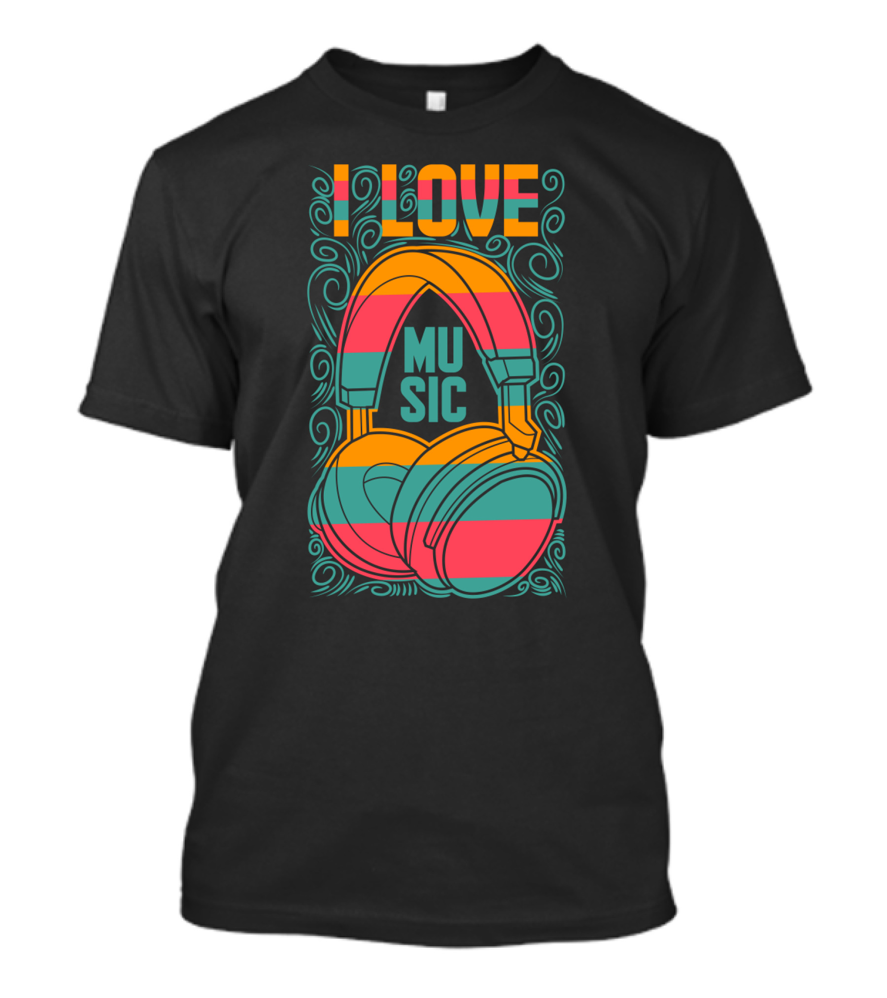 I Love Music Vibrant Headphones Pattern With Swirling Design Elements T-Shirt