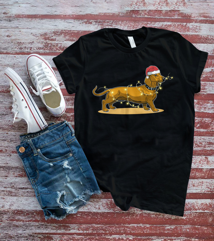 Dachshund Wrapped In Christmas Lights Wearing Santa Hat T-Shirt